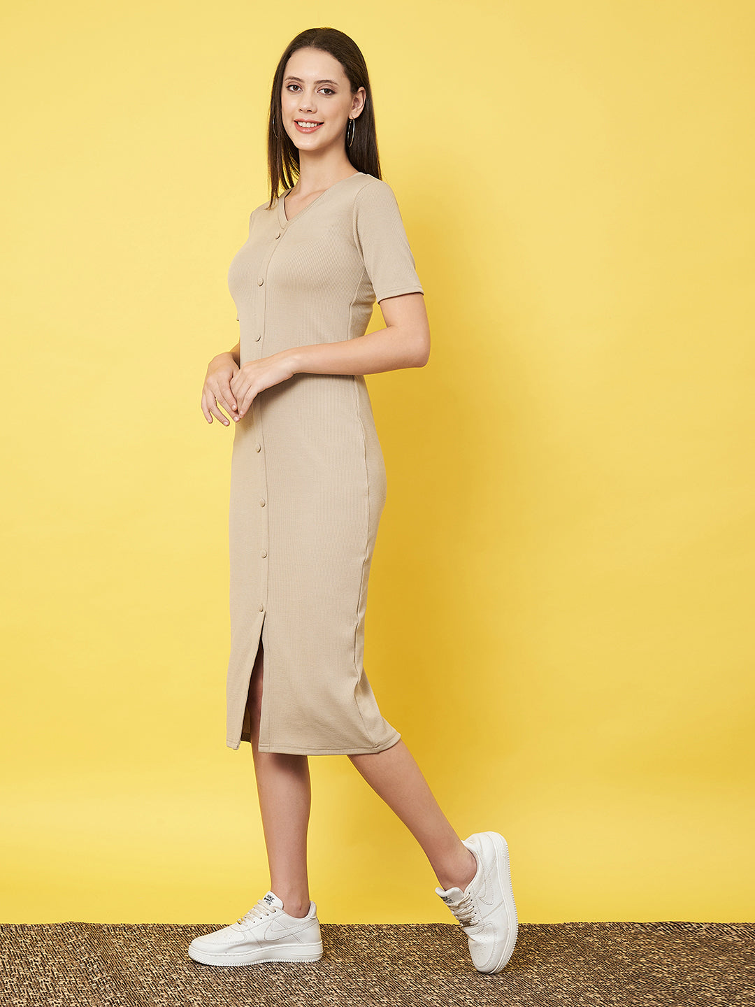 Classy Beige Fitted Shirt Dress