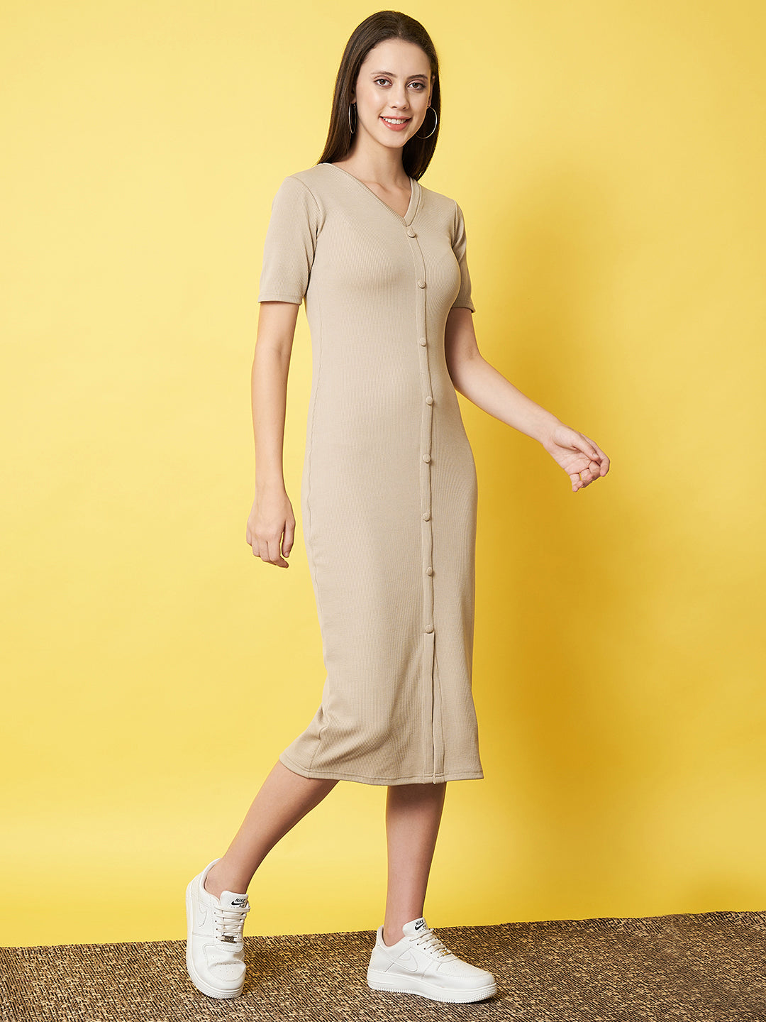 Classy Beige Fitted Shirt Dress