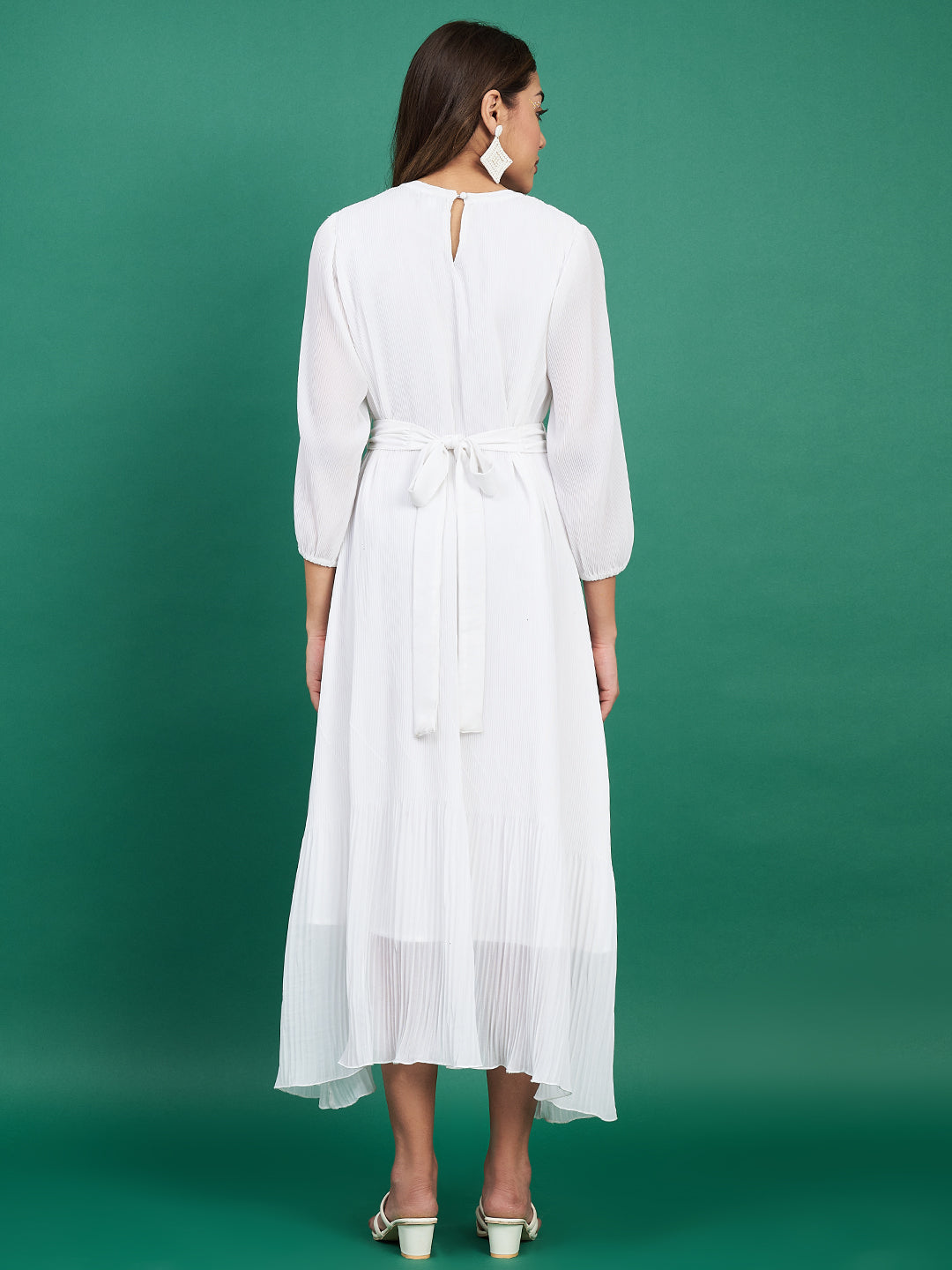 Classy White Pleated Flared Dress