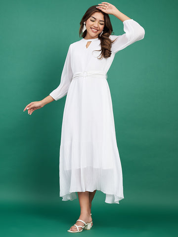 Classy White Pleated Flared Dress