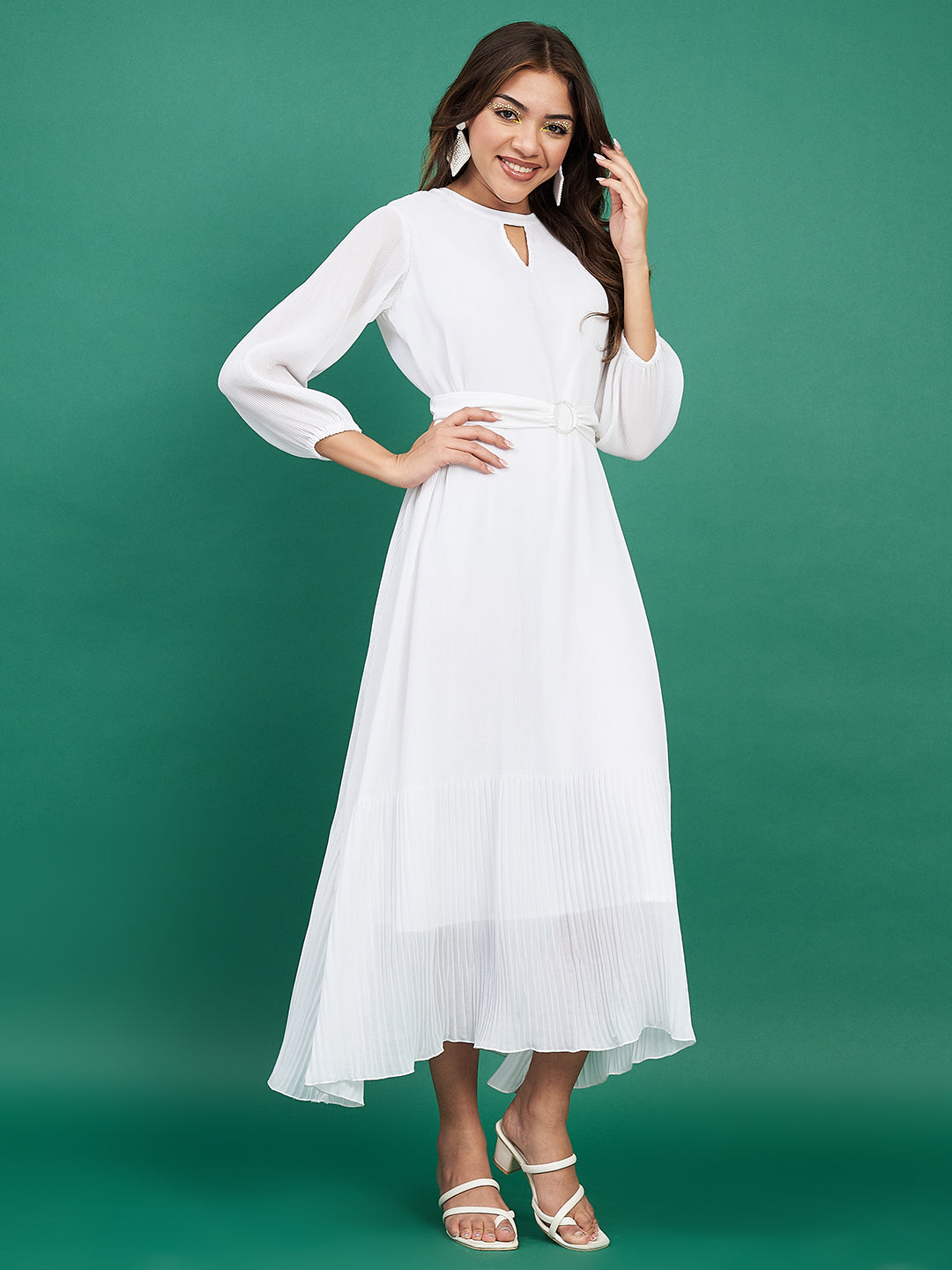 Classy White Pleated Flared Dress