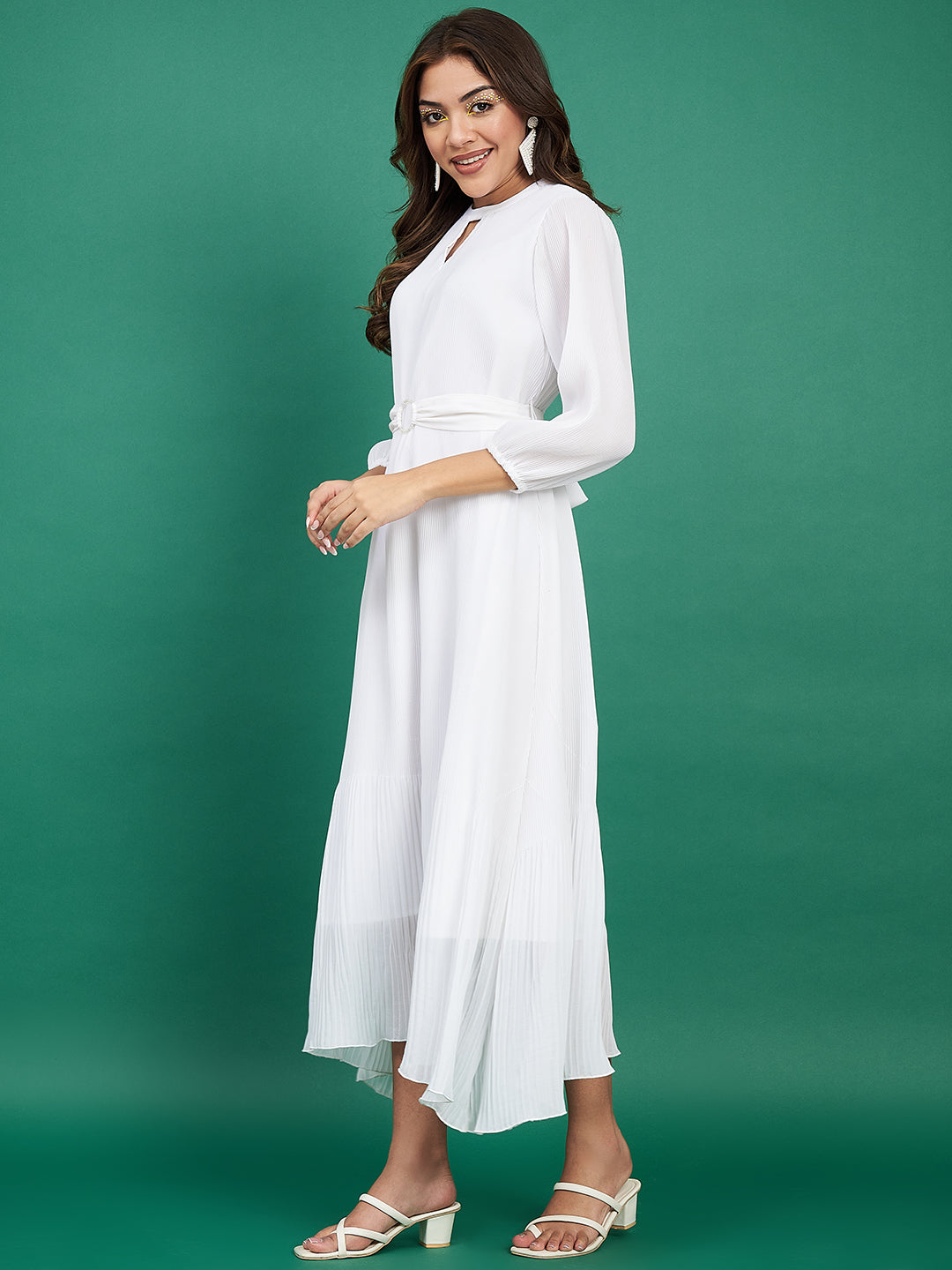 Classy White Pleated Flared Dress