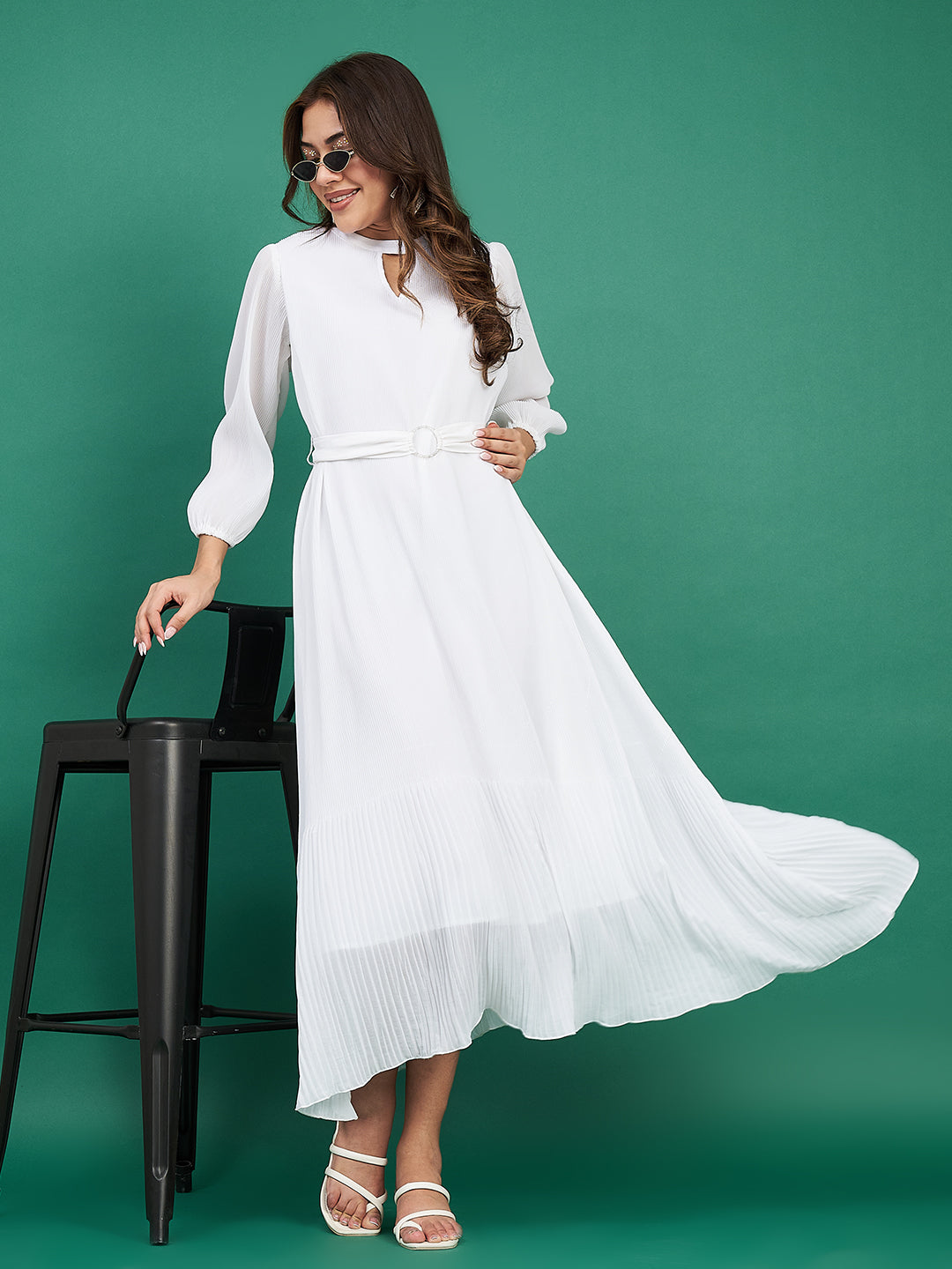 Classy White Pleated Flared Dress