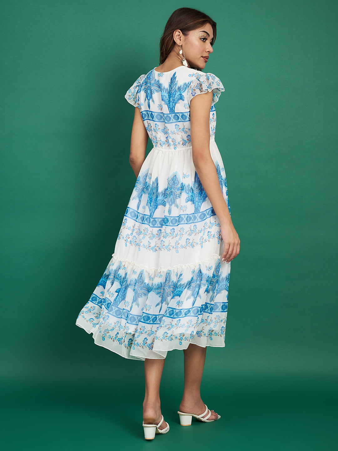 Stylish Blue & White Printed Flared Dress