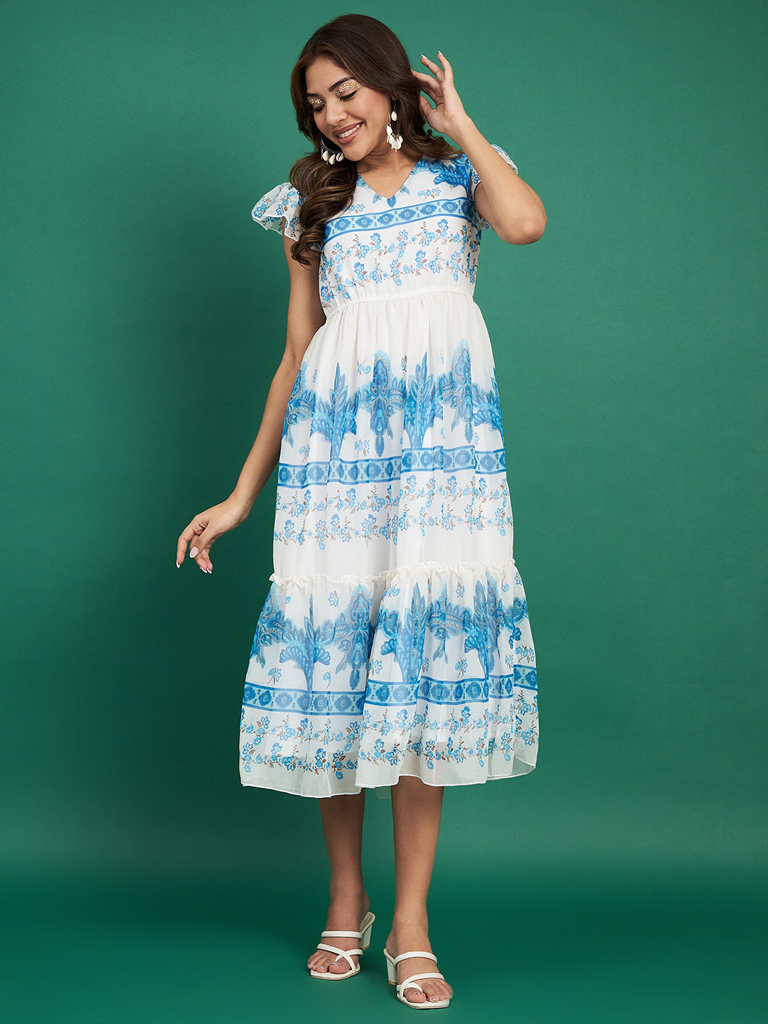 Stylish Blue & White Printed Flared Dress