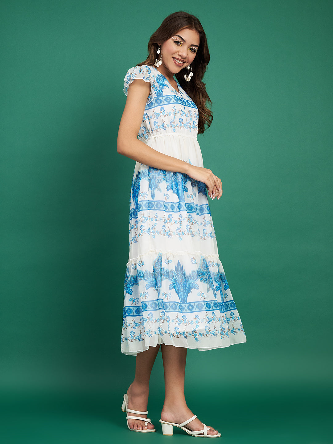 Stylish Blue & White Printed Flared Dress