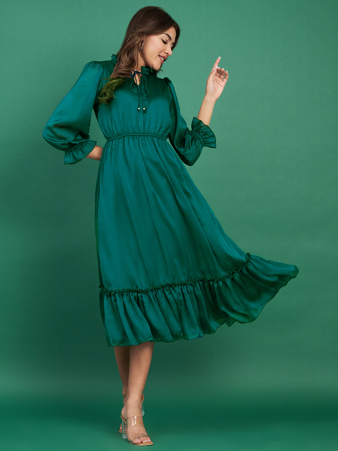 Classy Green Ruffled Midi Dress