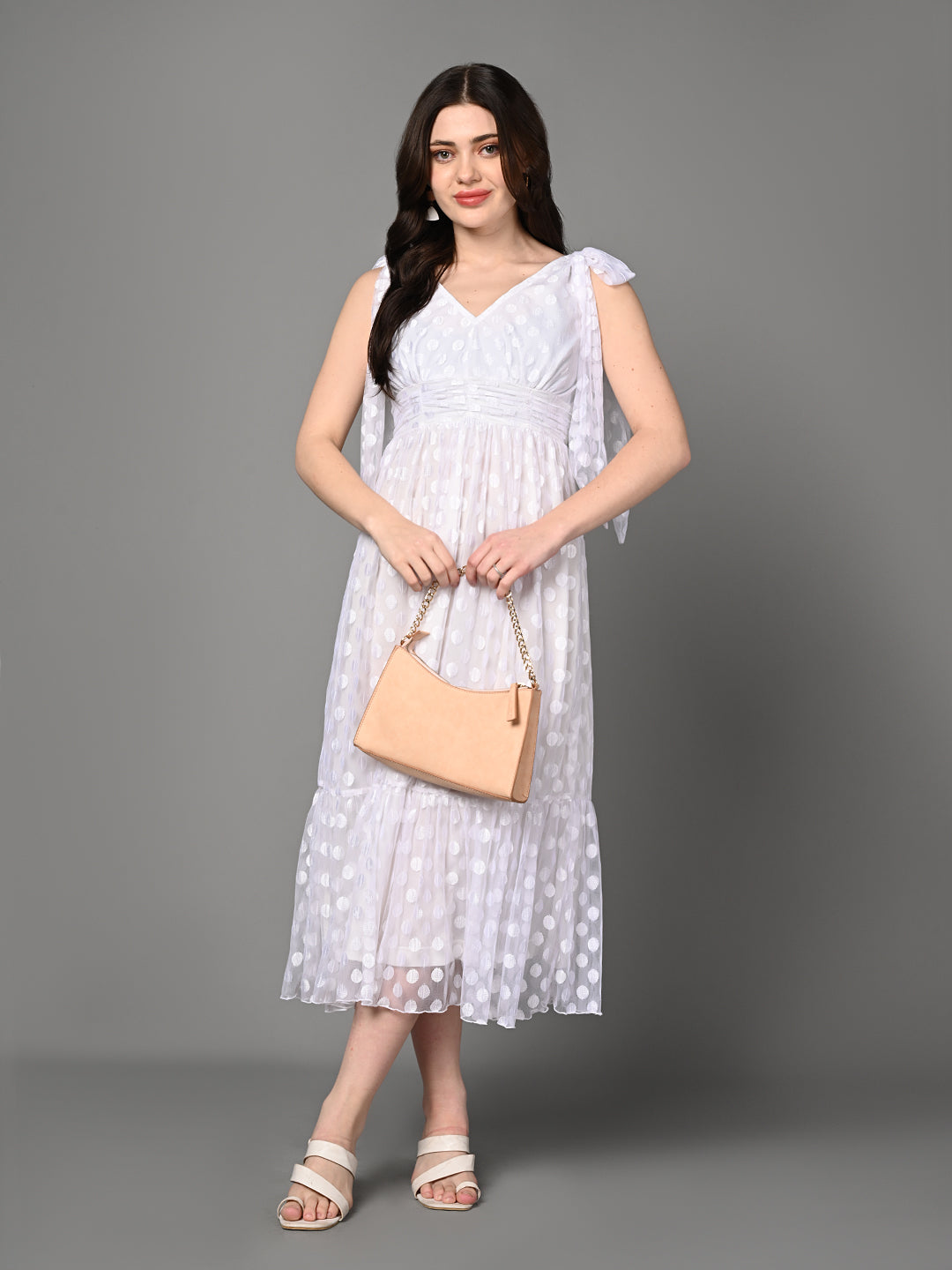 Classy White Ruched Flared Midi Dress