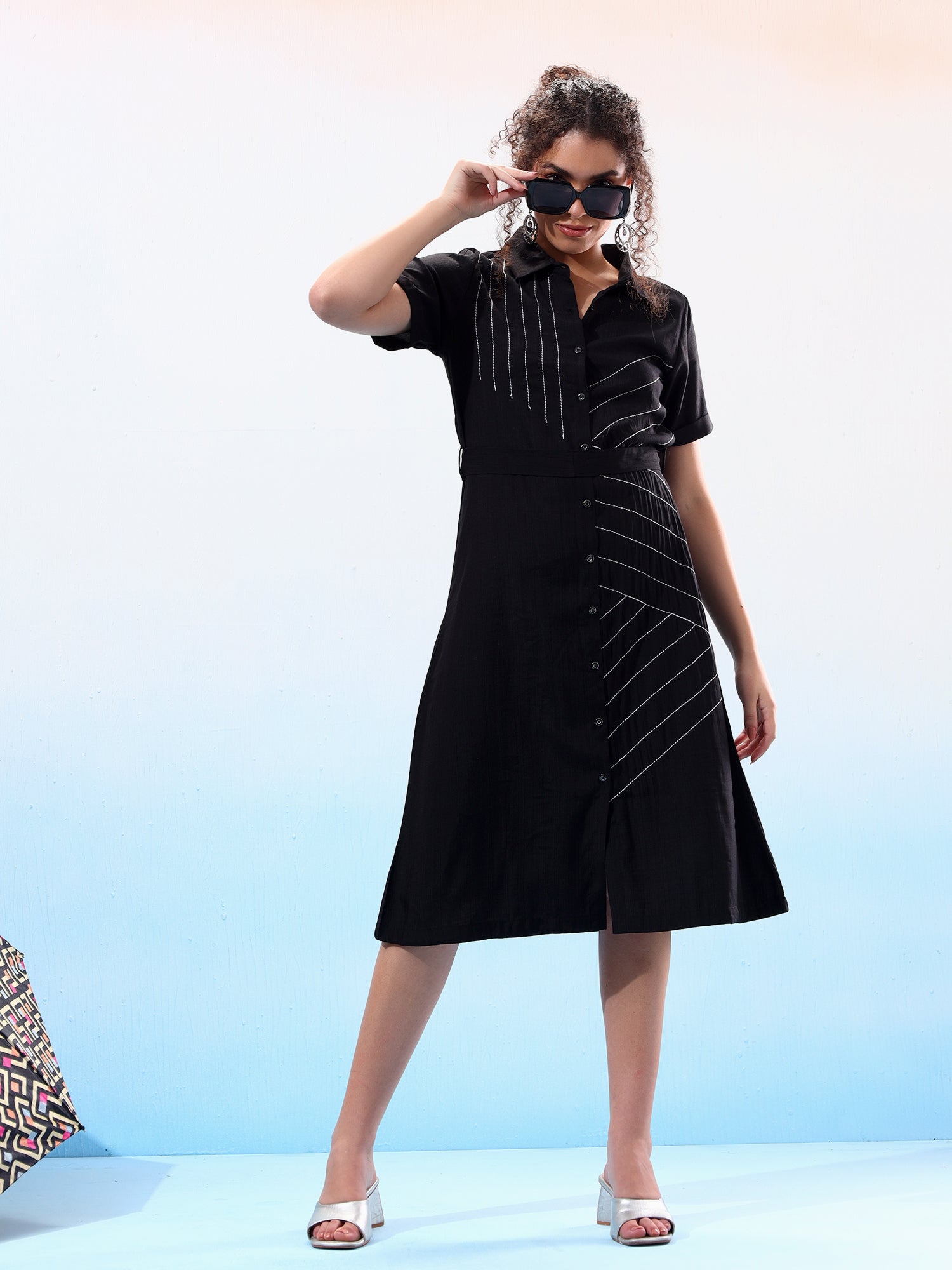 Embellished Black Flared Shirt Dress