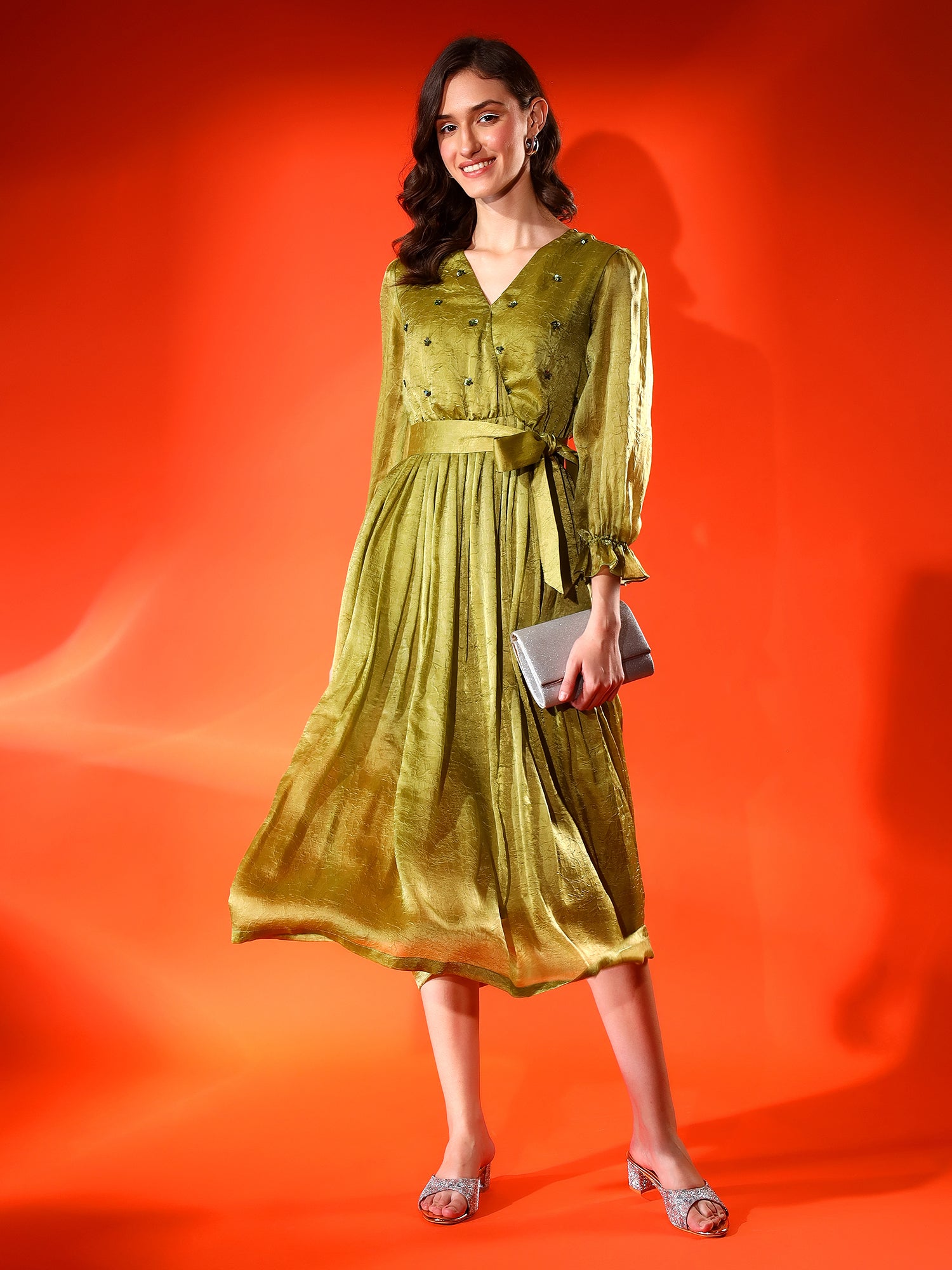 Olive Green Velvet Midi Dress | Pleated Elegance for Women Justin Whyte Olive Green Velvet Midi Dress | Pleated Elegance for Women Justin Whyte