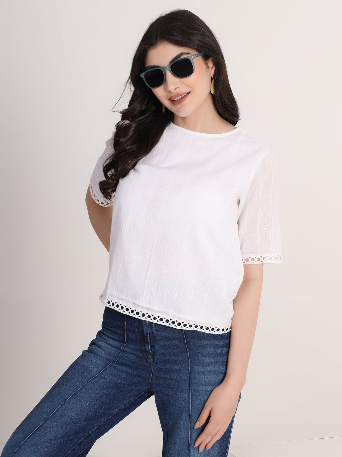White Round neck Top with Lace