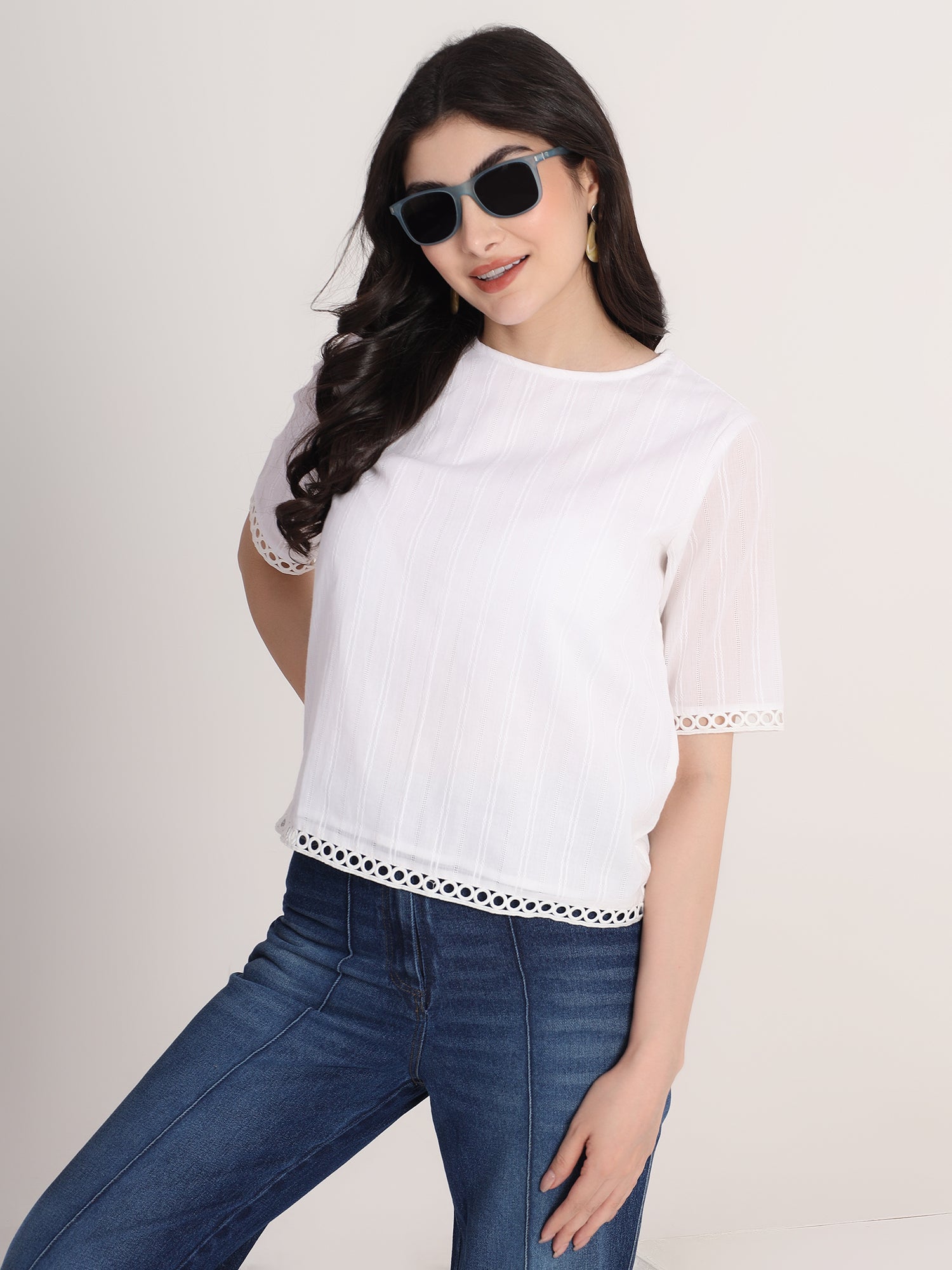 White Round neck Top with Lace