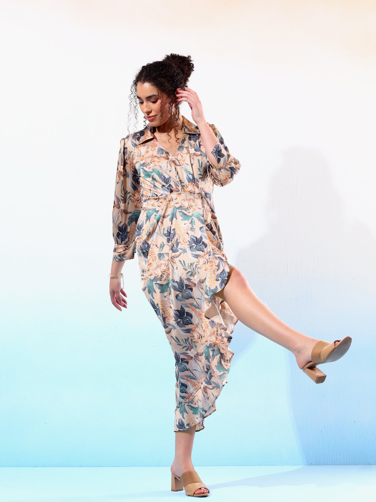 Classy Beige Printed Ruffled Dress
