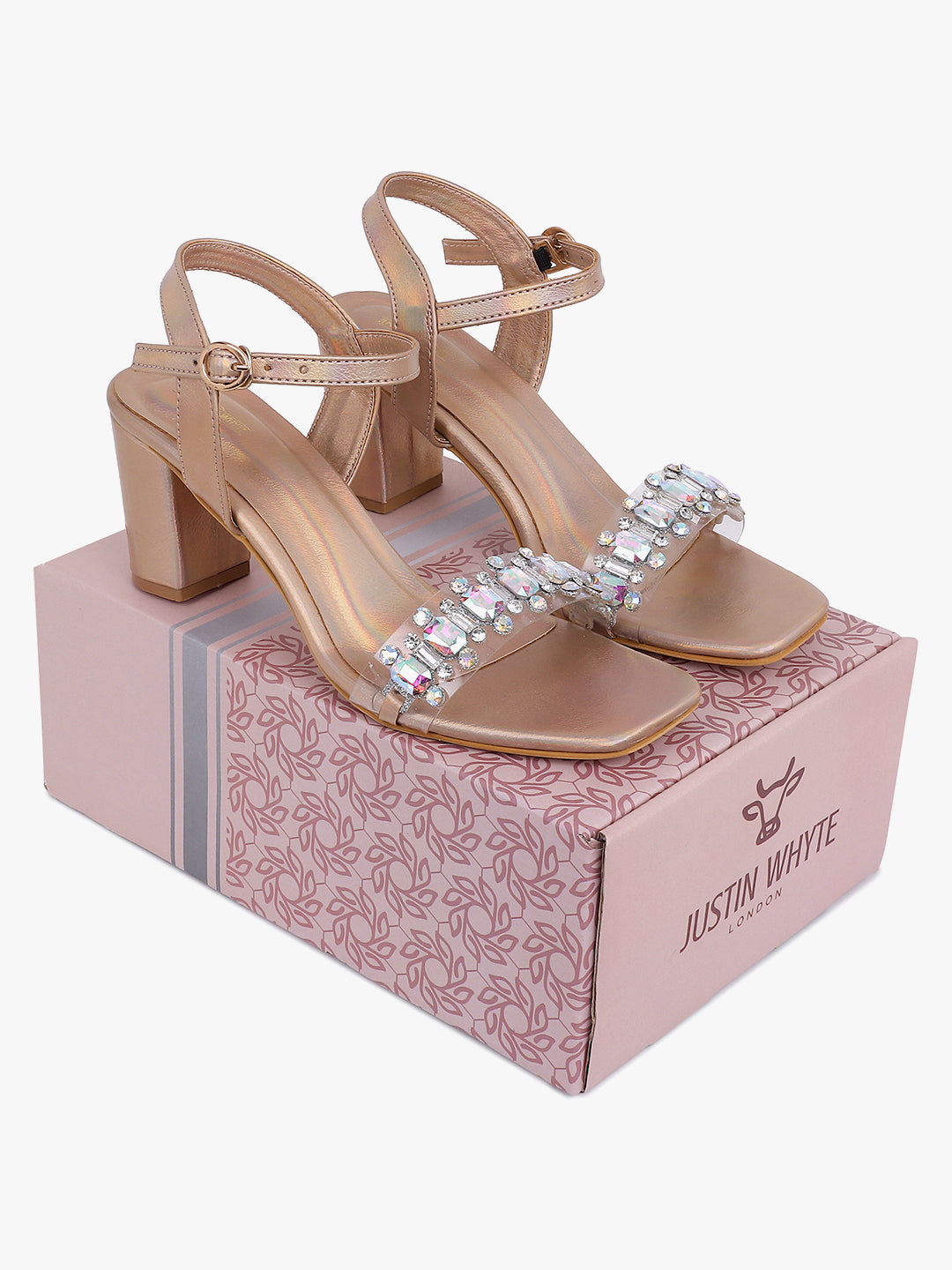 Bronzed Jeweled Block Heel Sandals