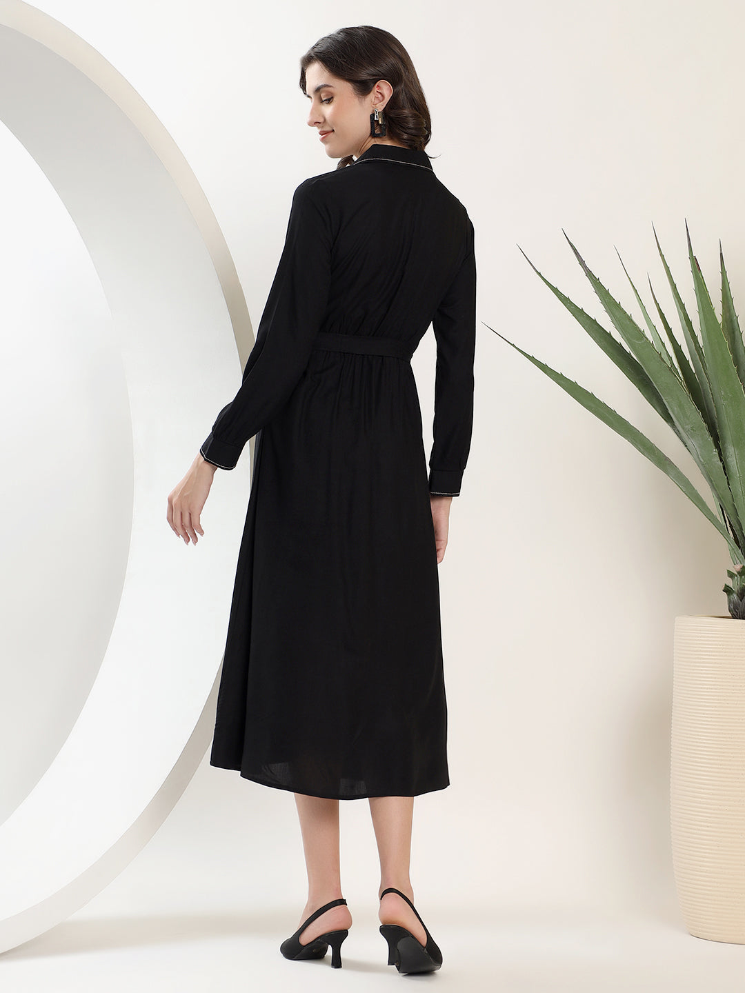 Embroidered Black A-Line Shirt Dress