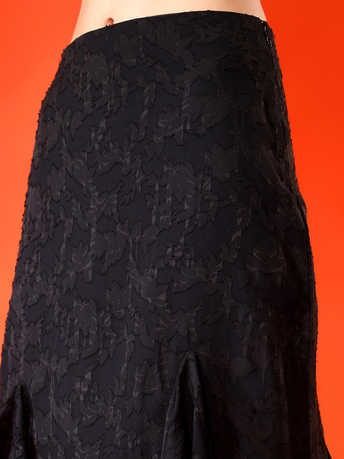 Printed Black Flared Midi Skirt
