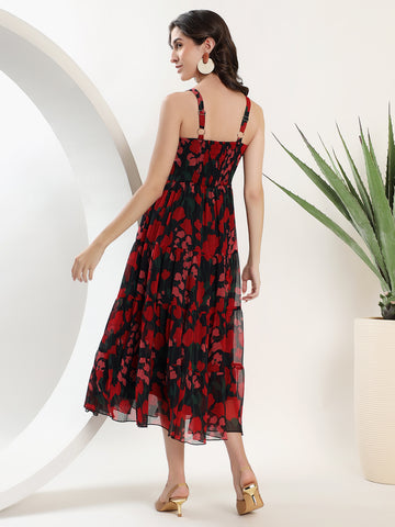 Printed Black and Red Midi Dress