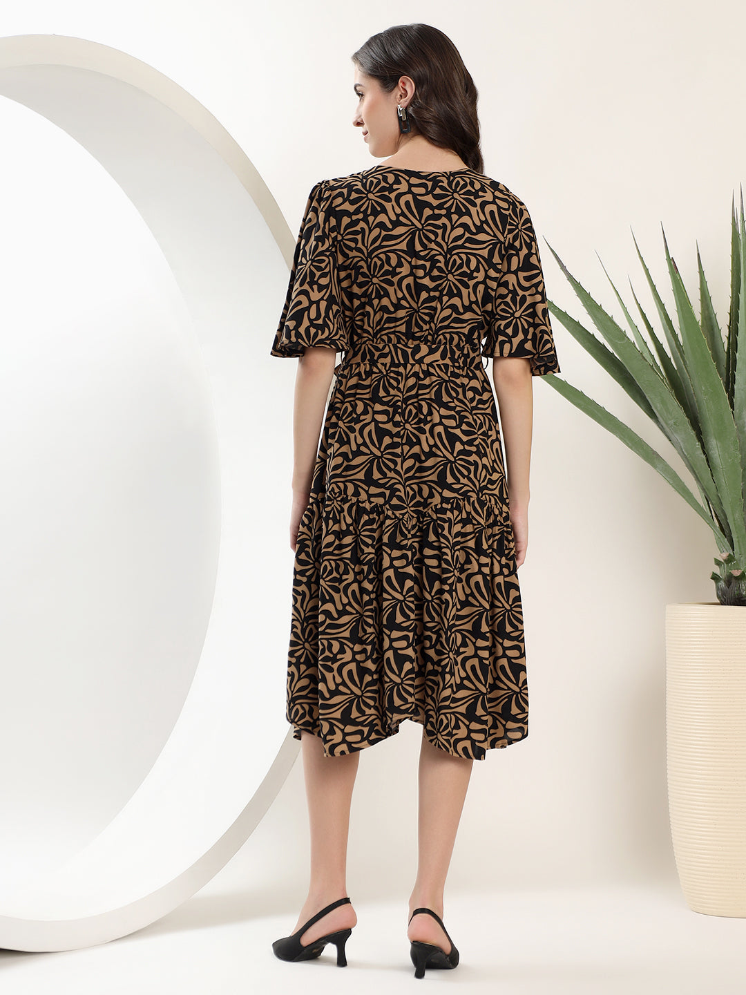 Printed Black and Brown Midi Dress