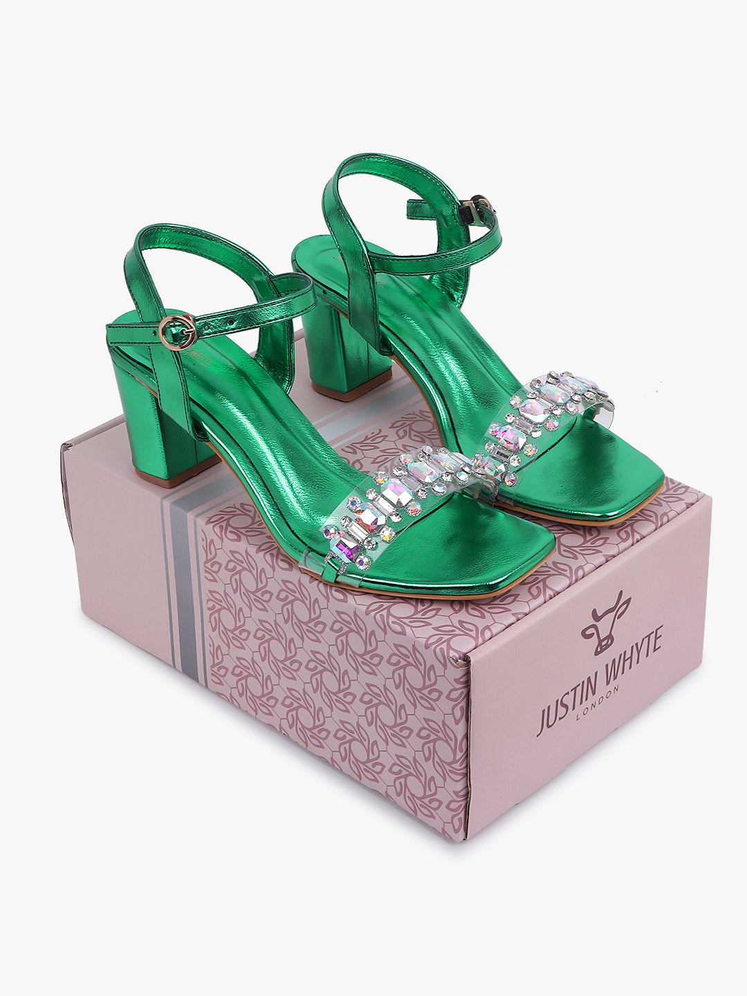 Embellished Green Block Heel Sandals
