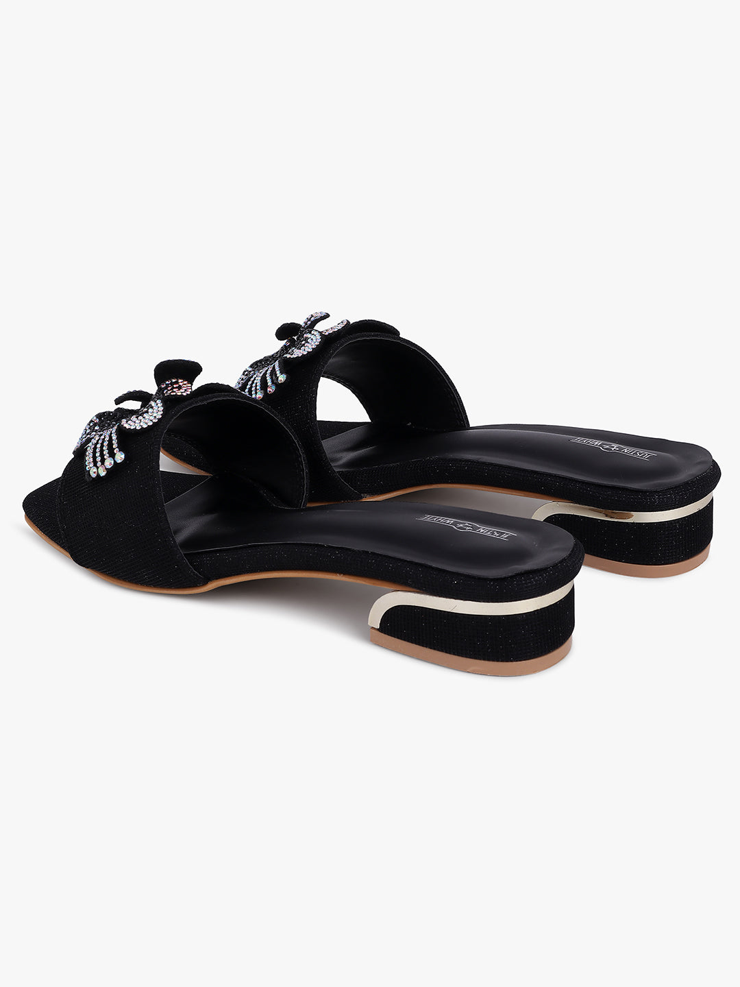 Embellished Black Low Heel Sandals