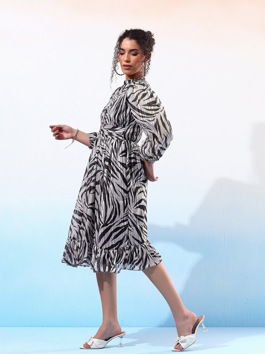 Stylish Black Printed Flared Dress