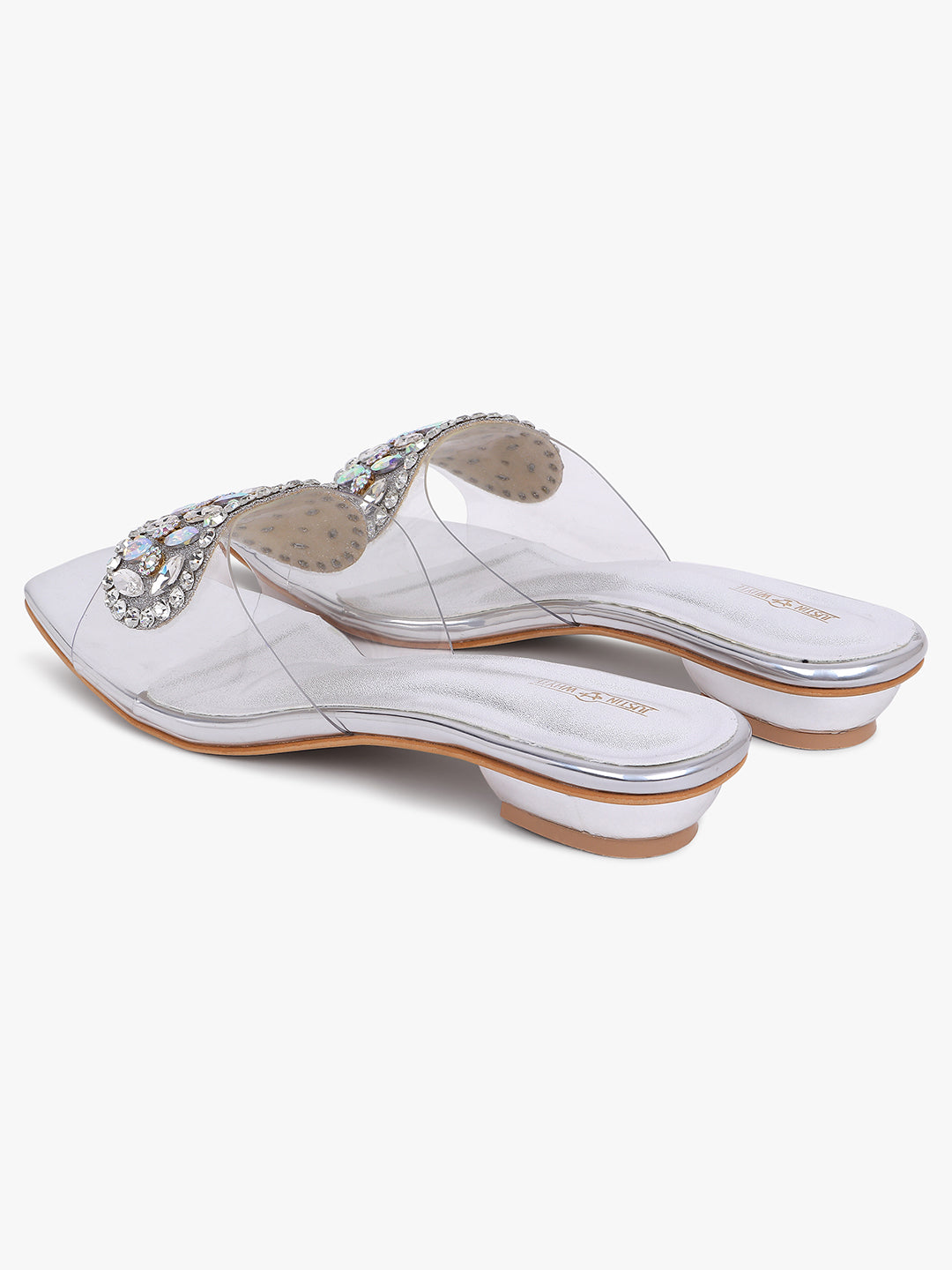 Embellished Silver Low Heel Sandals