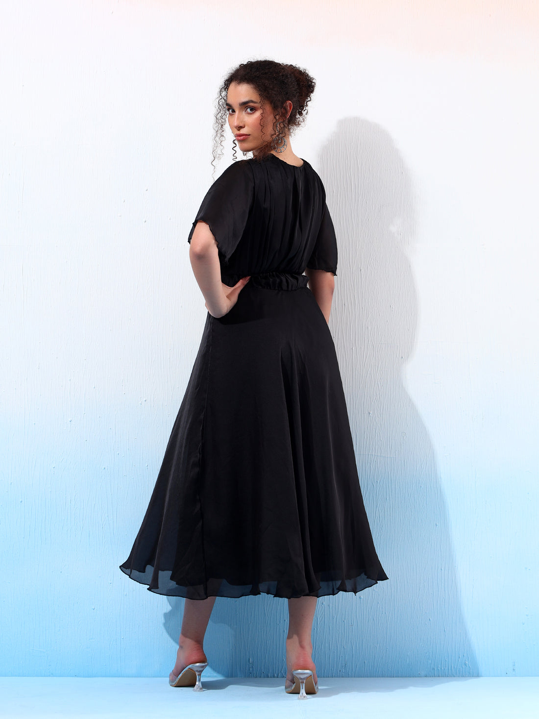 Classy Black Ruched Flared Dress
