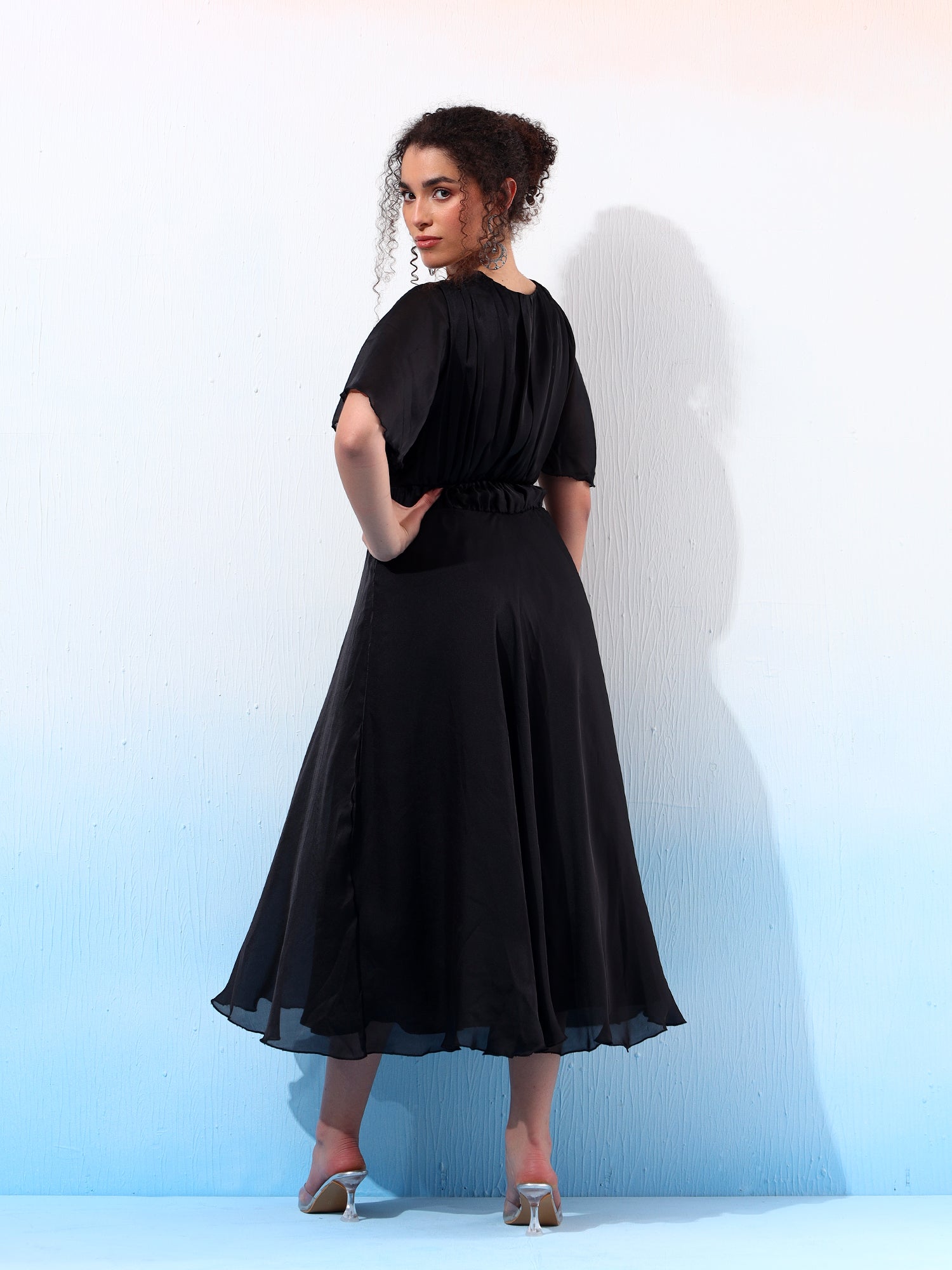 Classy Black Ruched Flared Dress