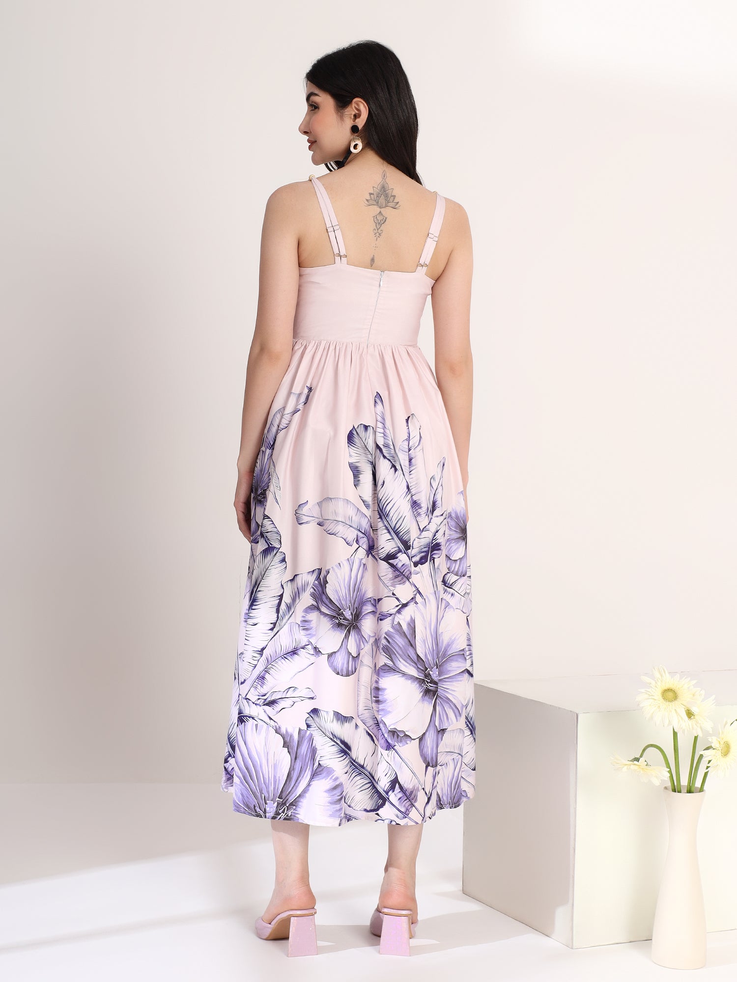 Stylish Blue and White Printed Flared Midi Dress