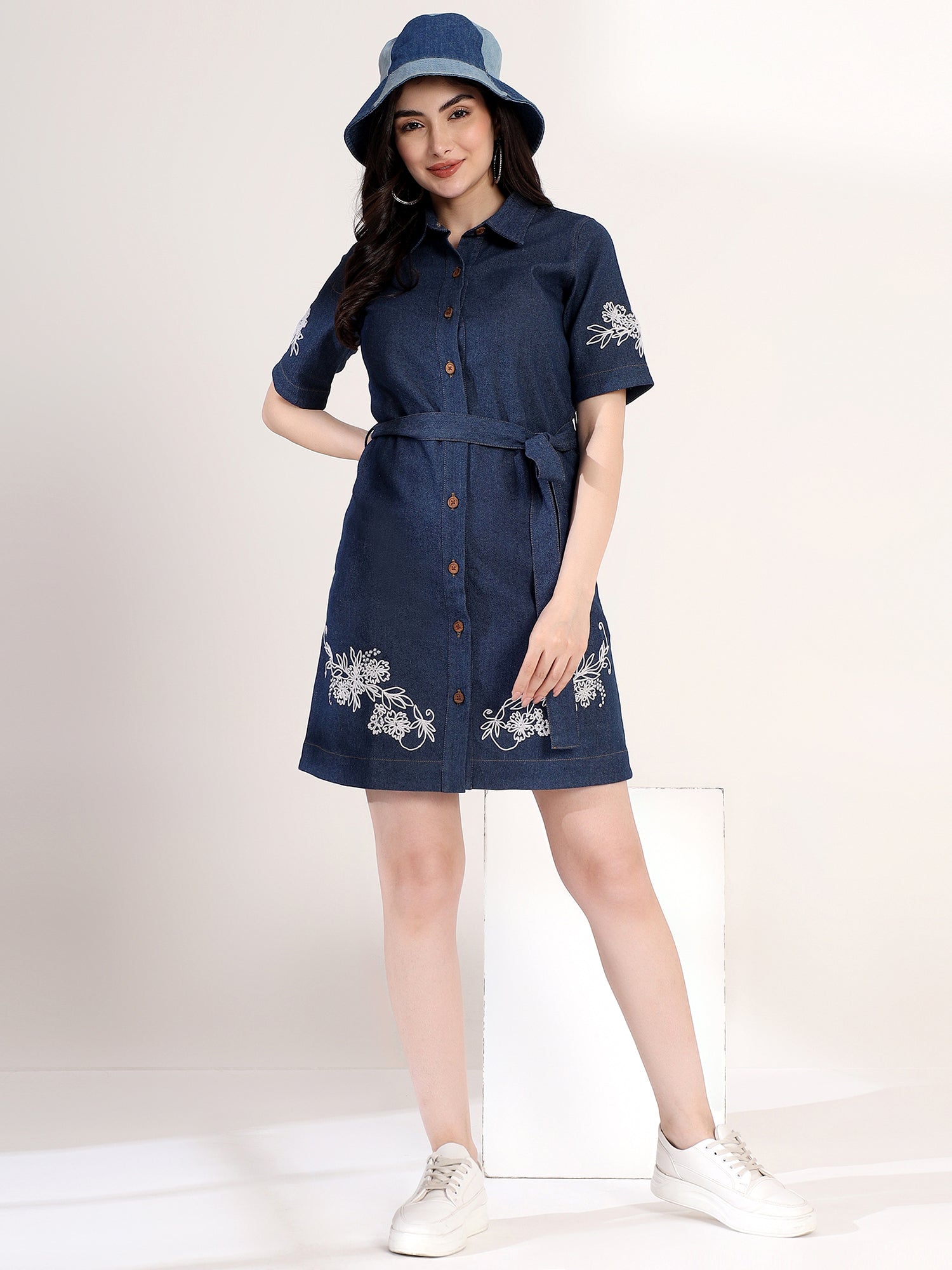 Fancy Blue Embroidered Denim Mini Dress