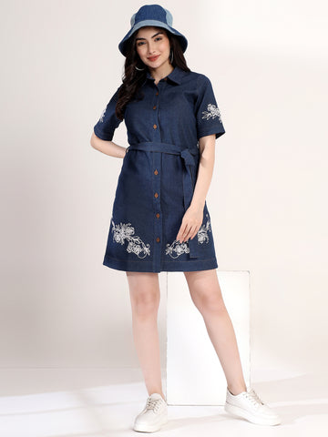 Fancy Blue Embroidered Denim Mini Dress
