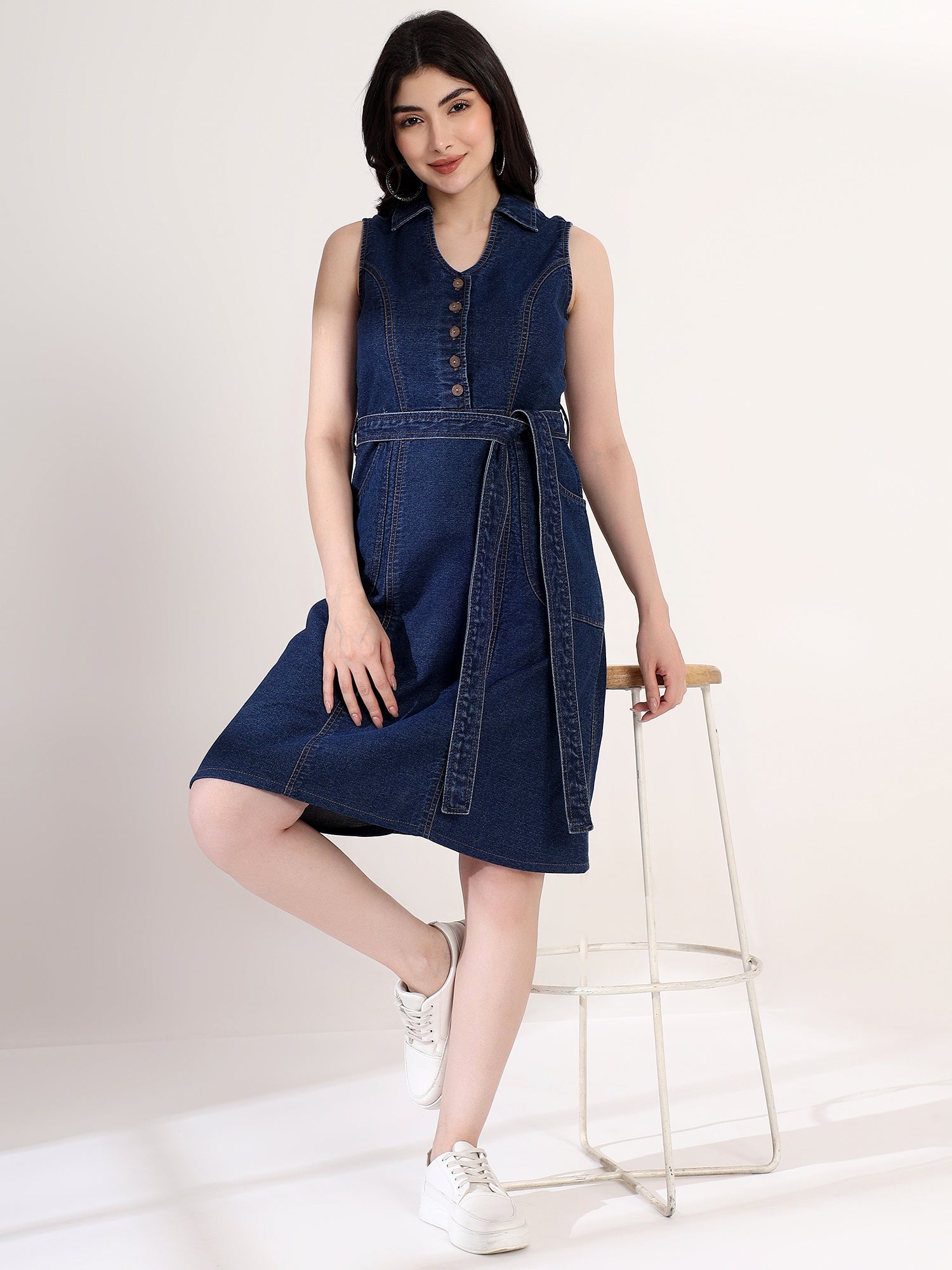 Stylish Denim Flared Midi Dress