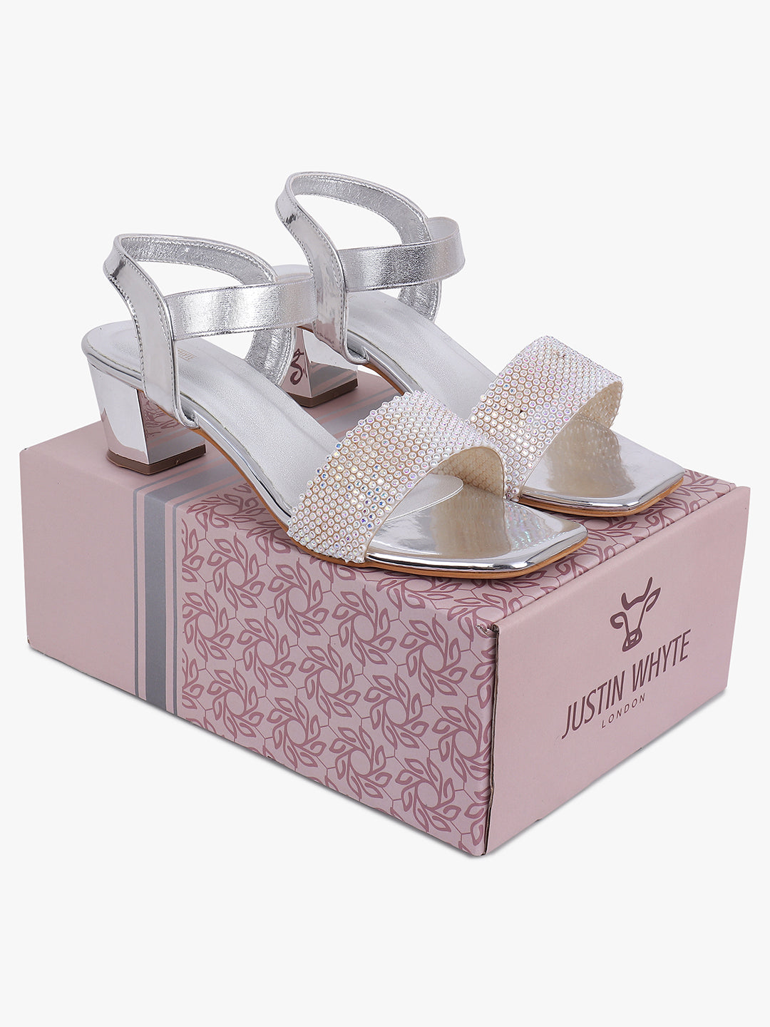 Embellished Silver Block Heel Sandals