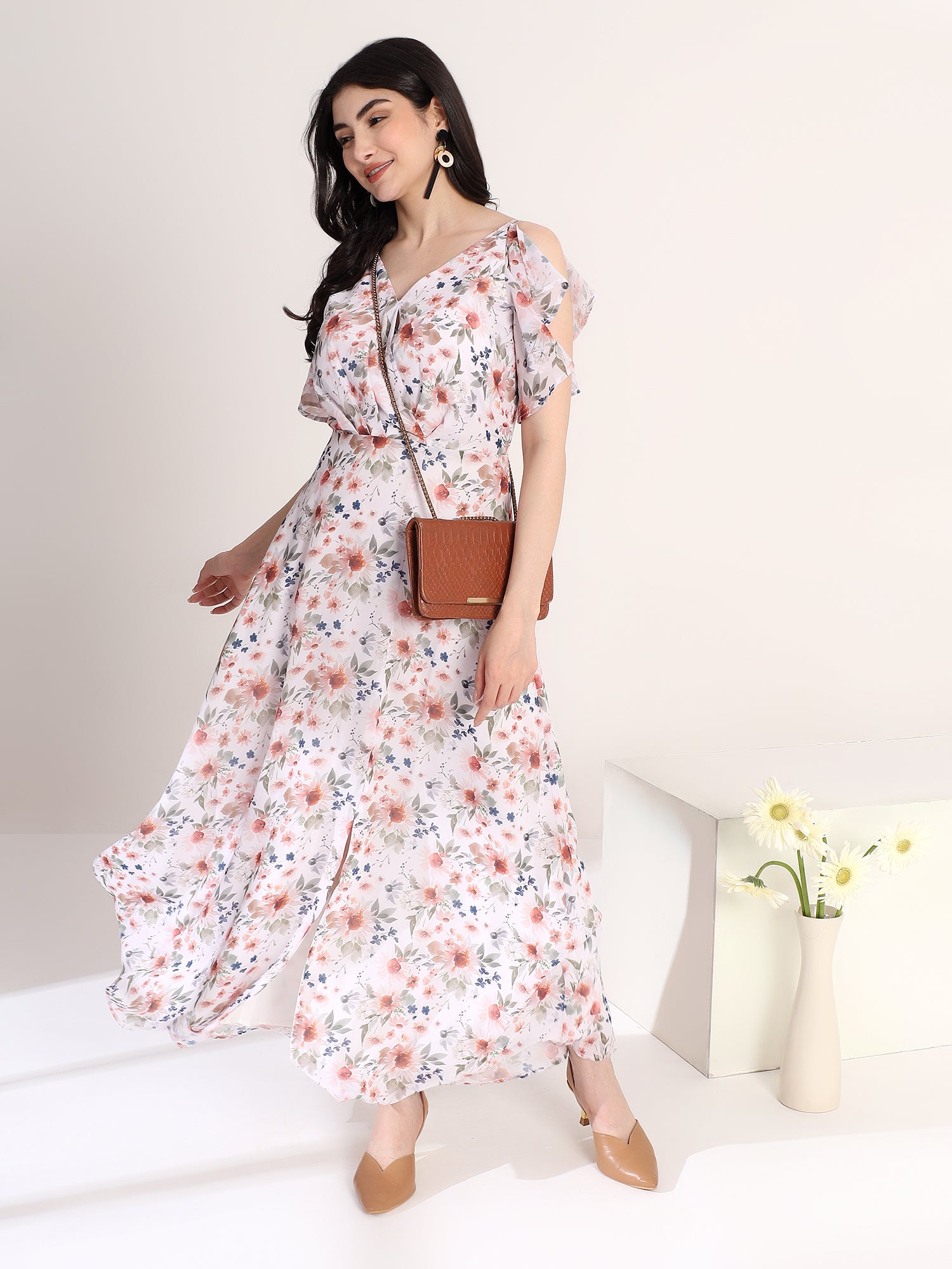 Classy White Floral Printed Flared Dress