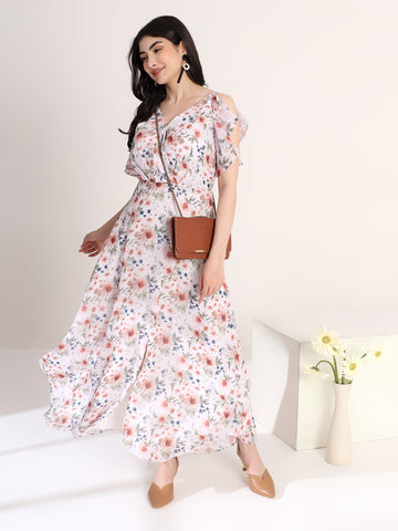 Classy White Floral Printed Flared Dress