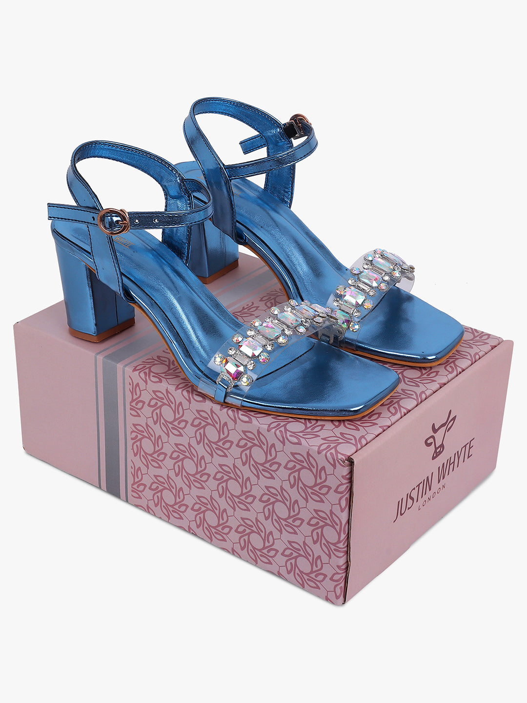Fancy Blue Jeweled Block Heel Sandals