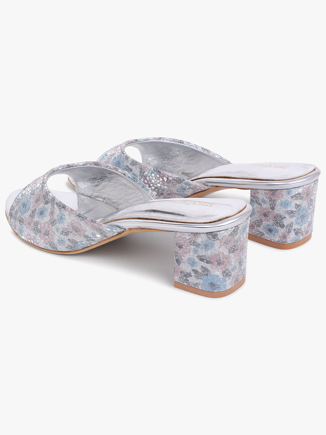 Fancy Floral Silver Block Heel Sandals