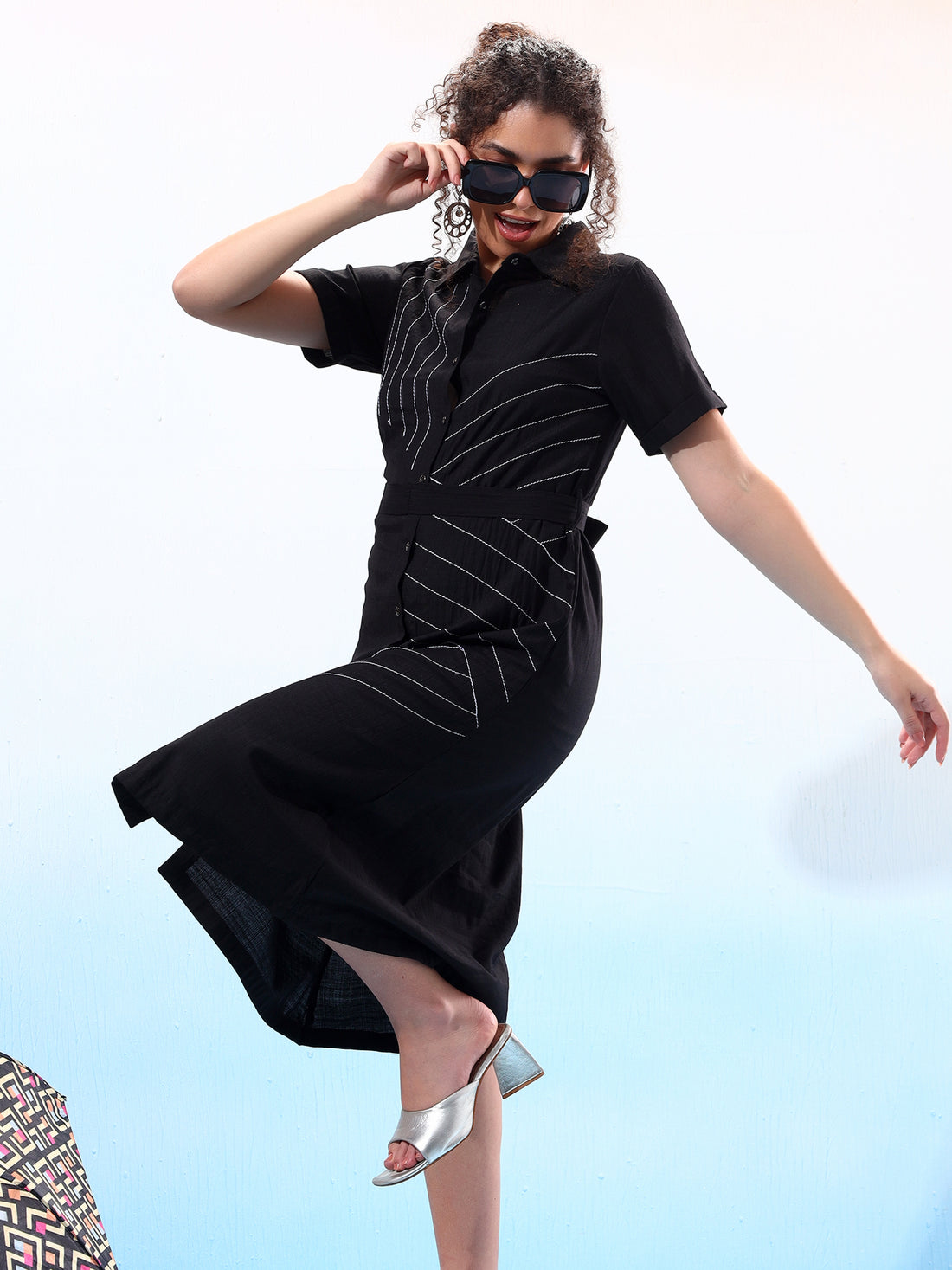Embellished Black Flared Shirt Dress