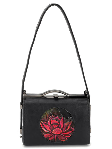 Floral Printed Leather Black Handbag