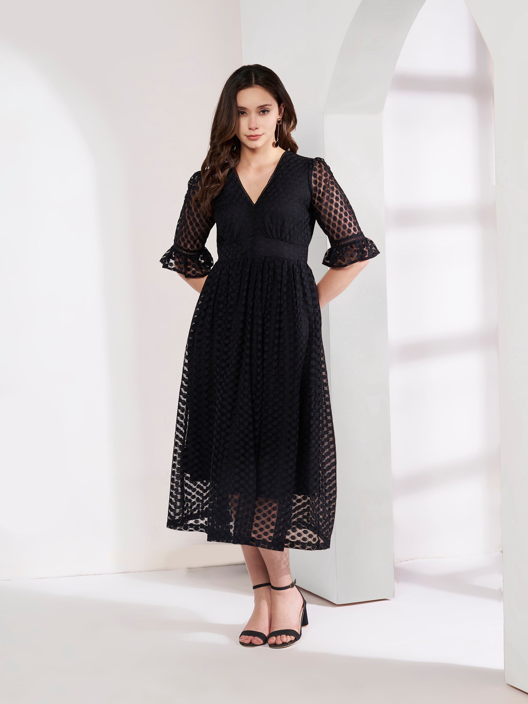 Stylish Black Textured Flared Dress