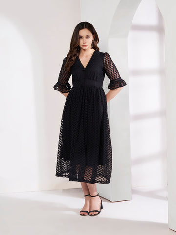 Stylish Black Textured Flared Dress