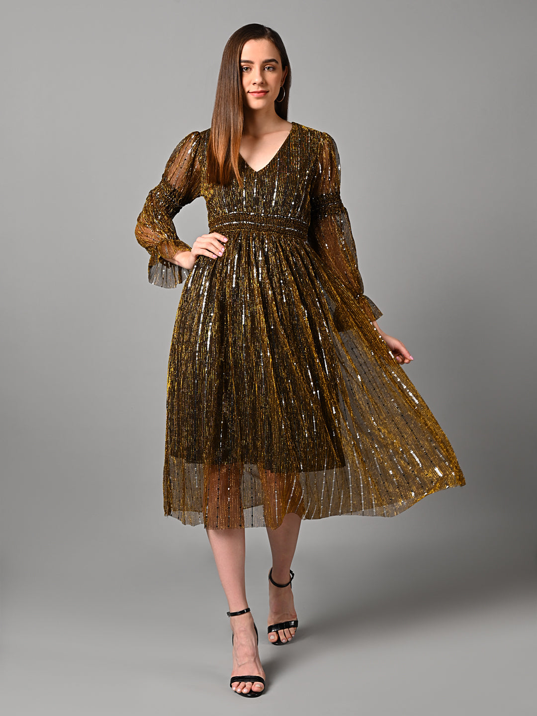 Embellished Pleated Flared Midi Dress