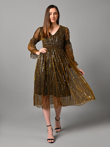 Embellished Pleated Flared Midi Dress