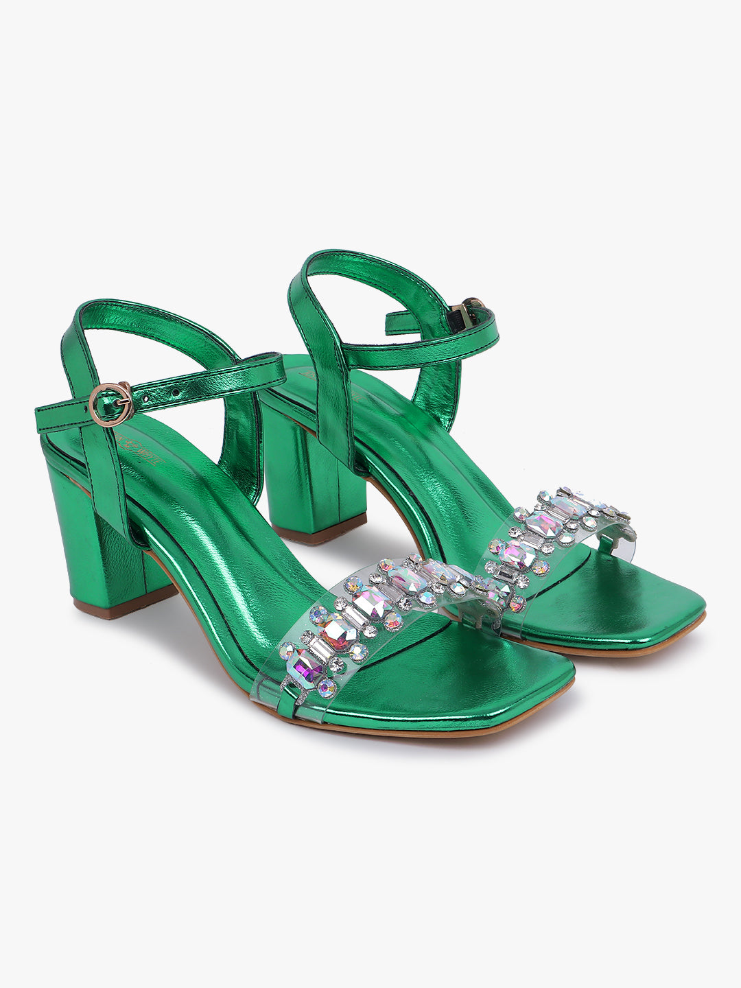 Embellished Green Block Heel Sandals