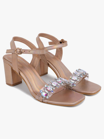 Bronzed Jeweled Block Heel Sandals