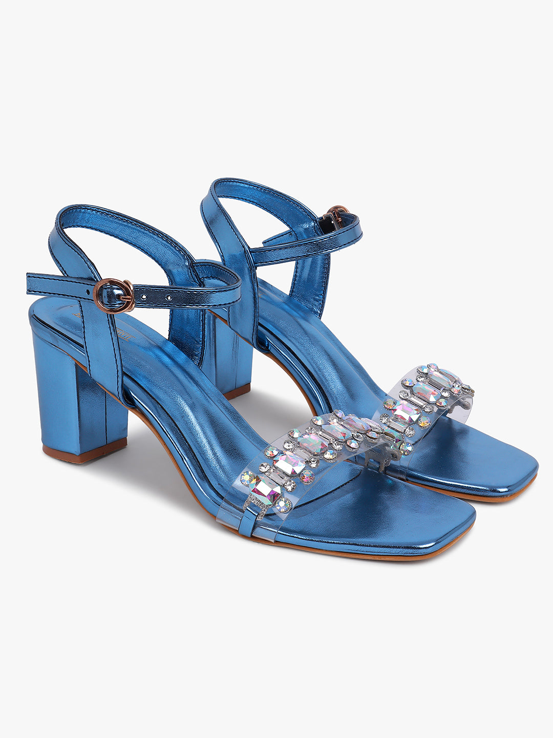Fancy Blue Jeweled Block Heel Sandals