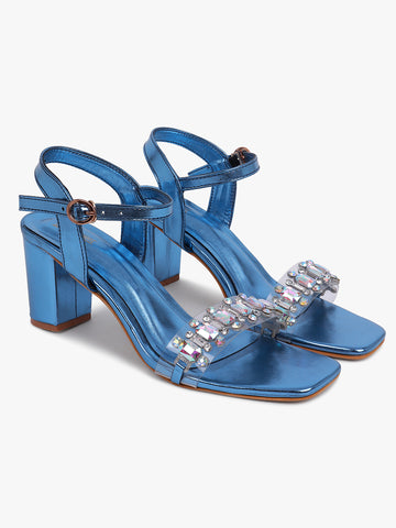 Fancy Blue Jeweled Block Heel Sandals
