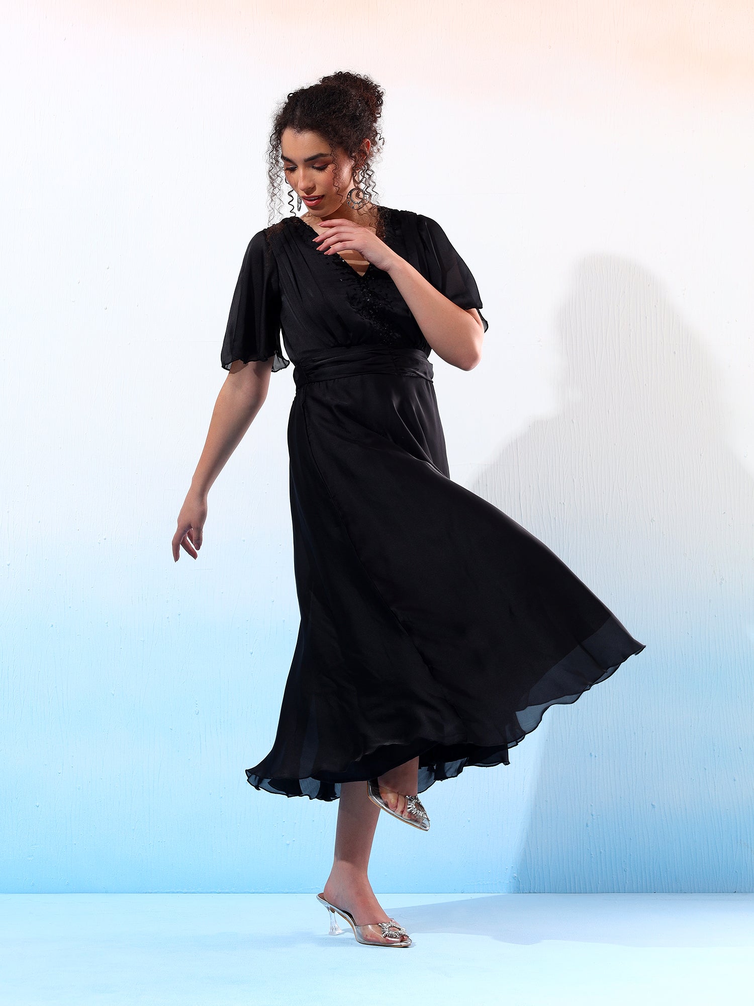 Classy Black Ruched Flared Dress