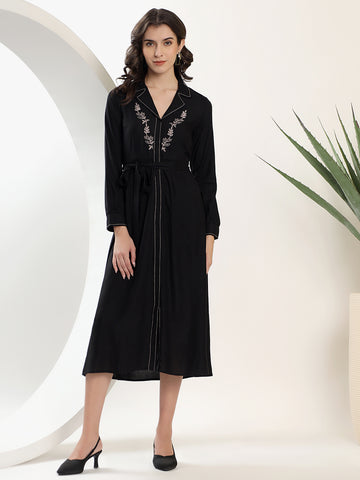 Embroidered Black A-Line Dress