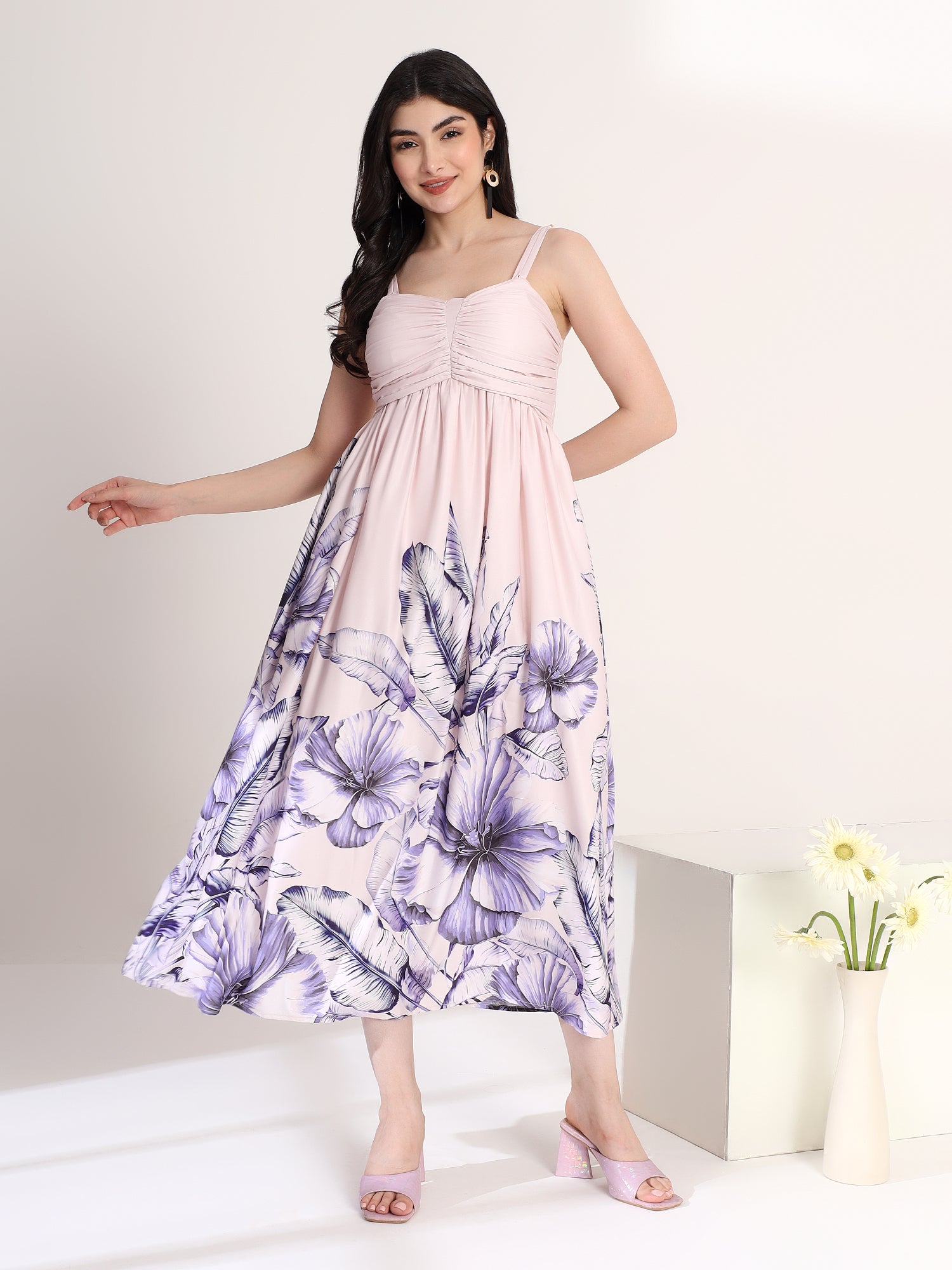 Stylish Blue and White Printed Flared Midi Dress